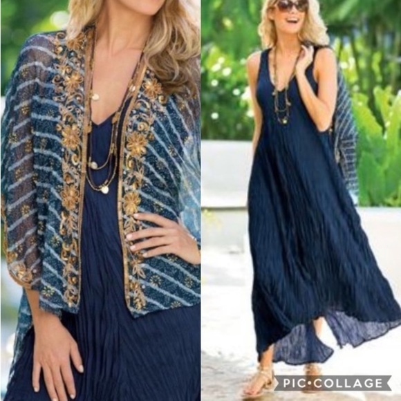 Soft Surroundings La Paz Black Crinkle Maxi Dress L Pleated Crinkle Vacation - Picture 1 of 16